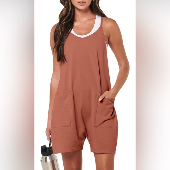 anrabess Pants - Rust Sleeveless Romper with Pockets